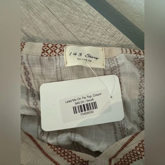 143 Story Lead Me On Tie Top Cream Stripe Long Sleeve Boho Size Small NWT - Picture 7 of 8